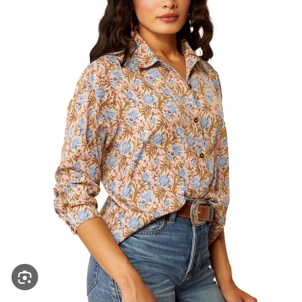 Ariat Women’s XL Beige Floral Western Shirt Blue & Pink Snap Button EUC - Picture 1 of 12